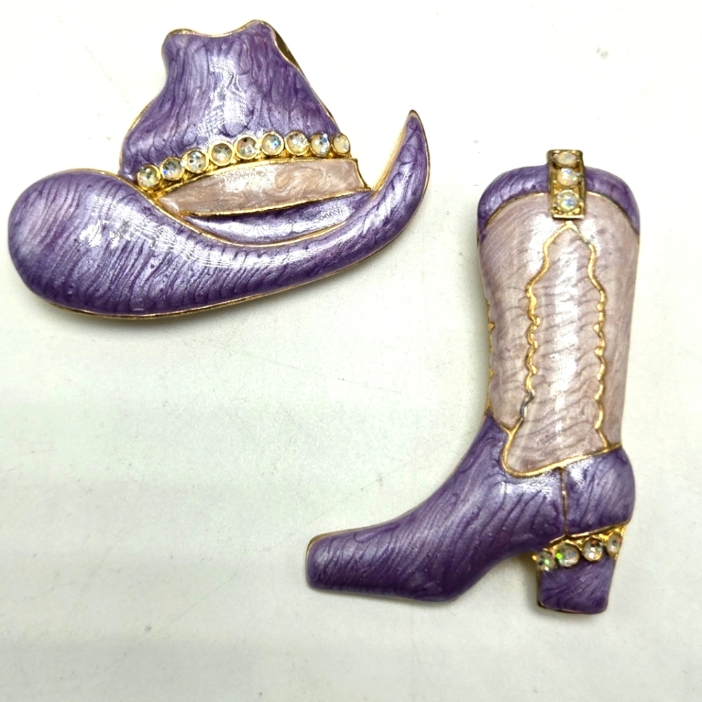 Lot of 2 Western Mates Brooches Layered 18K Gold Hand Painted Enamel Cowgirl Pin